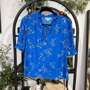 🌸 CeCe Blue Floral Ruffle Sleeve Blouse Size XS 🌸